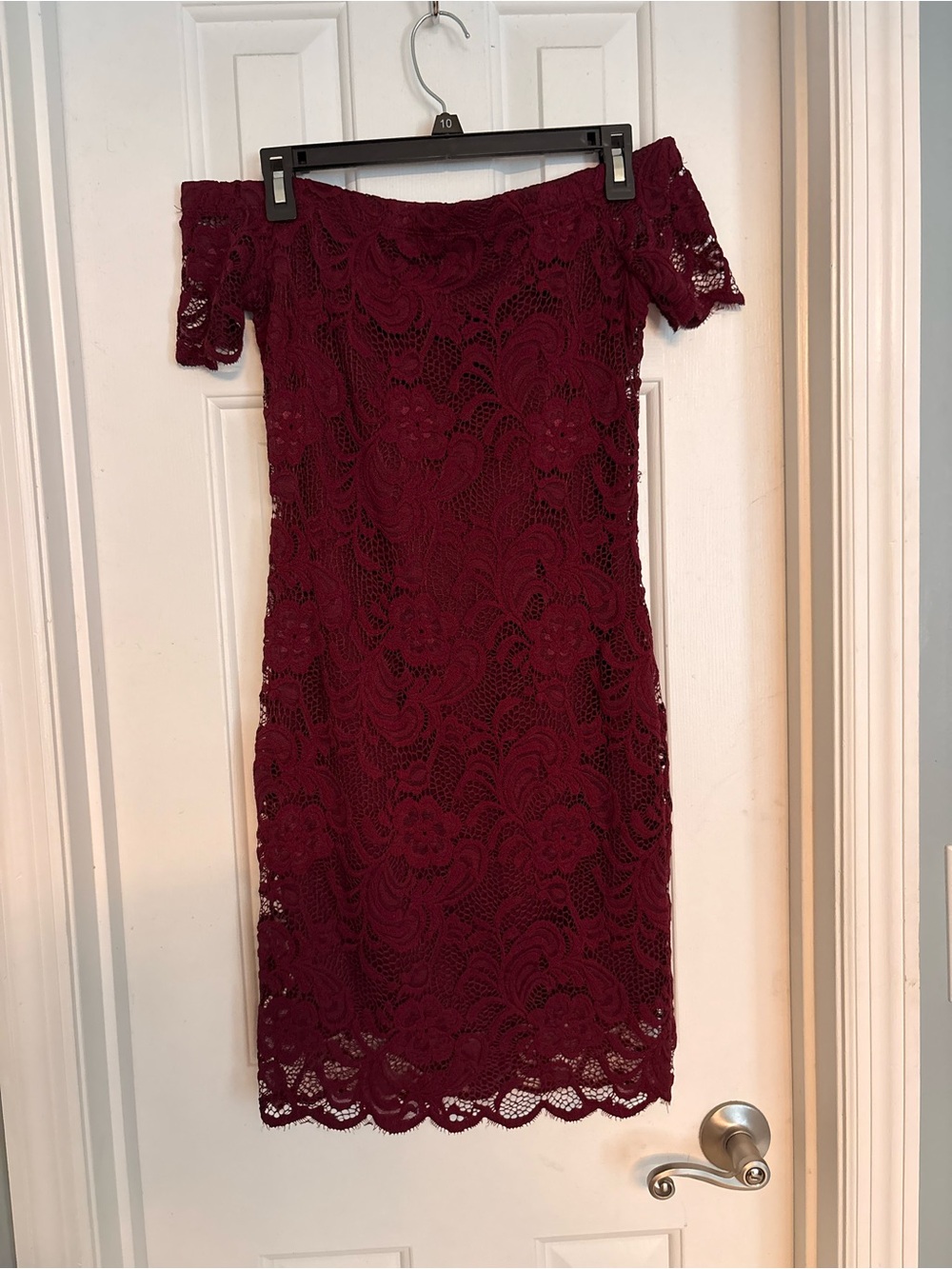 Ambiance Off-Shoulder Lace Midi Dress in Burgundy